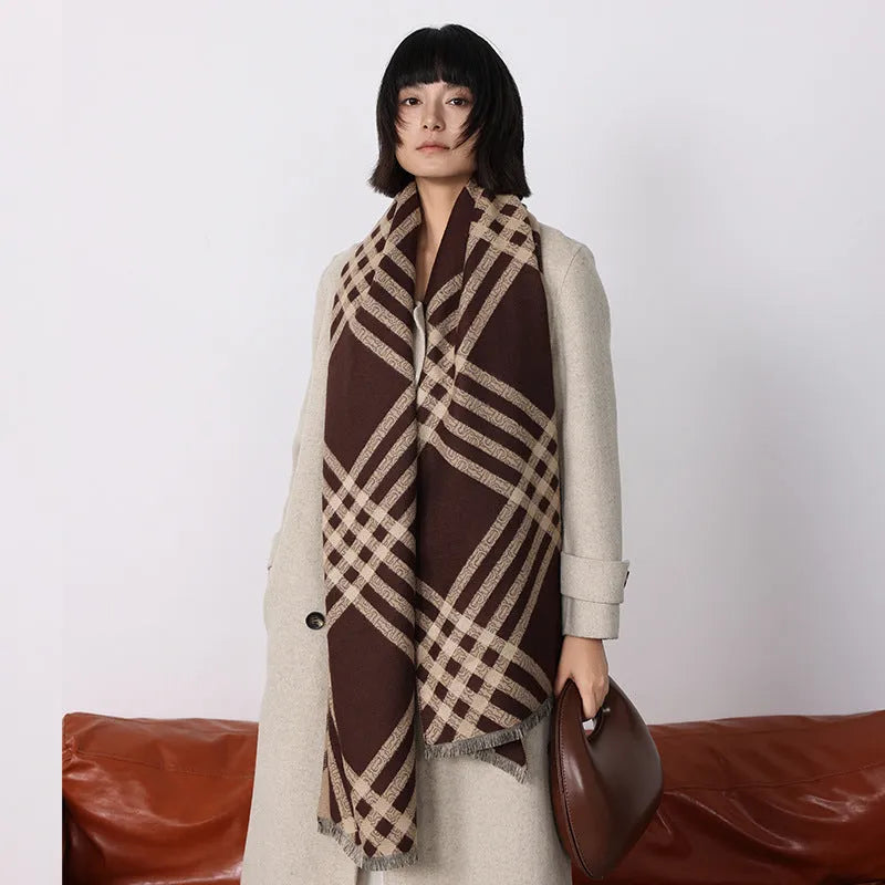 Cashmere-like scarf with tassel ends in brown colour, shown draped to display 185 cm length