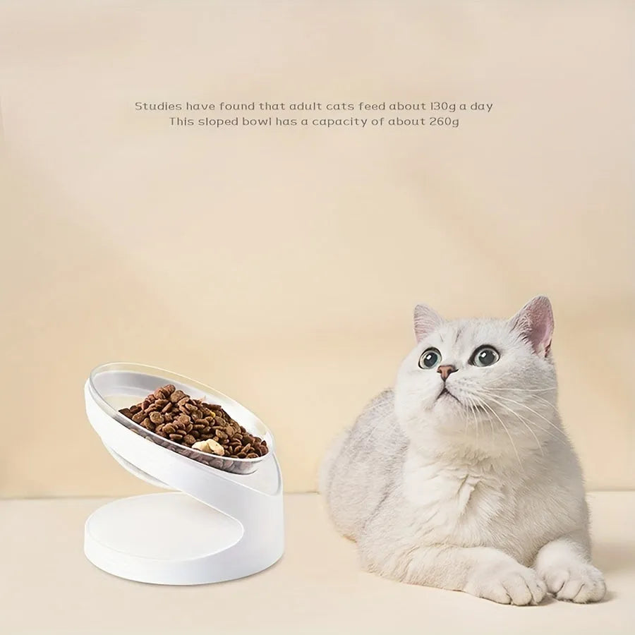 White elevated cat food bowl with ergonomic anti-vomit tilt design