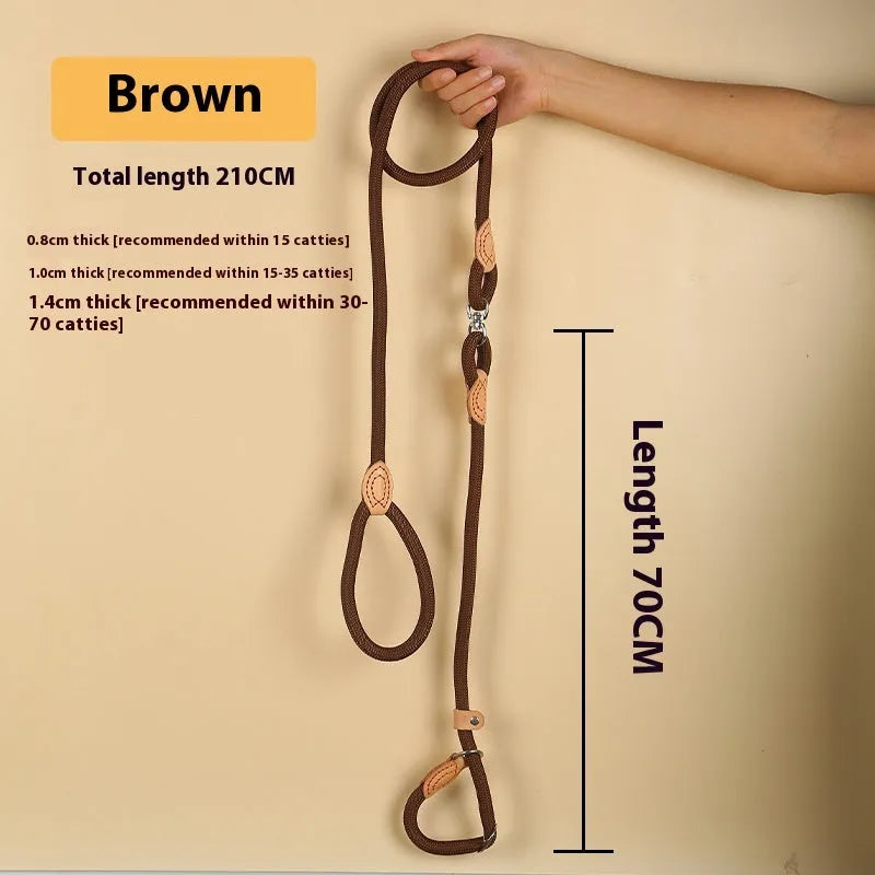Brown nylon dog lead with P-chain handle showing rope-style construction