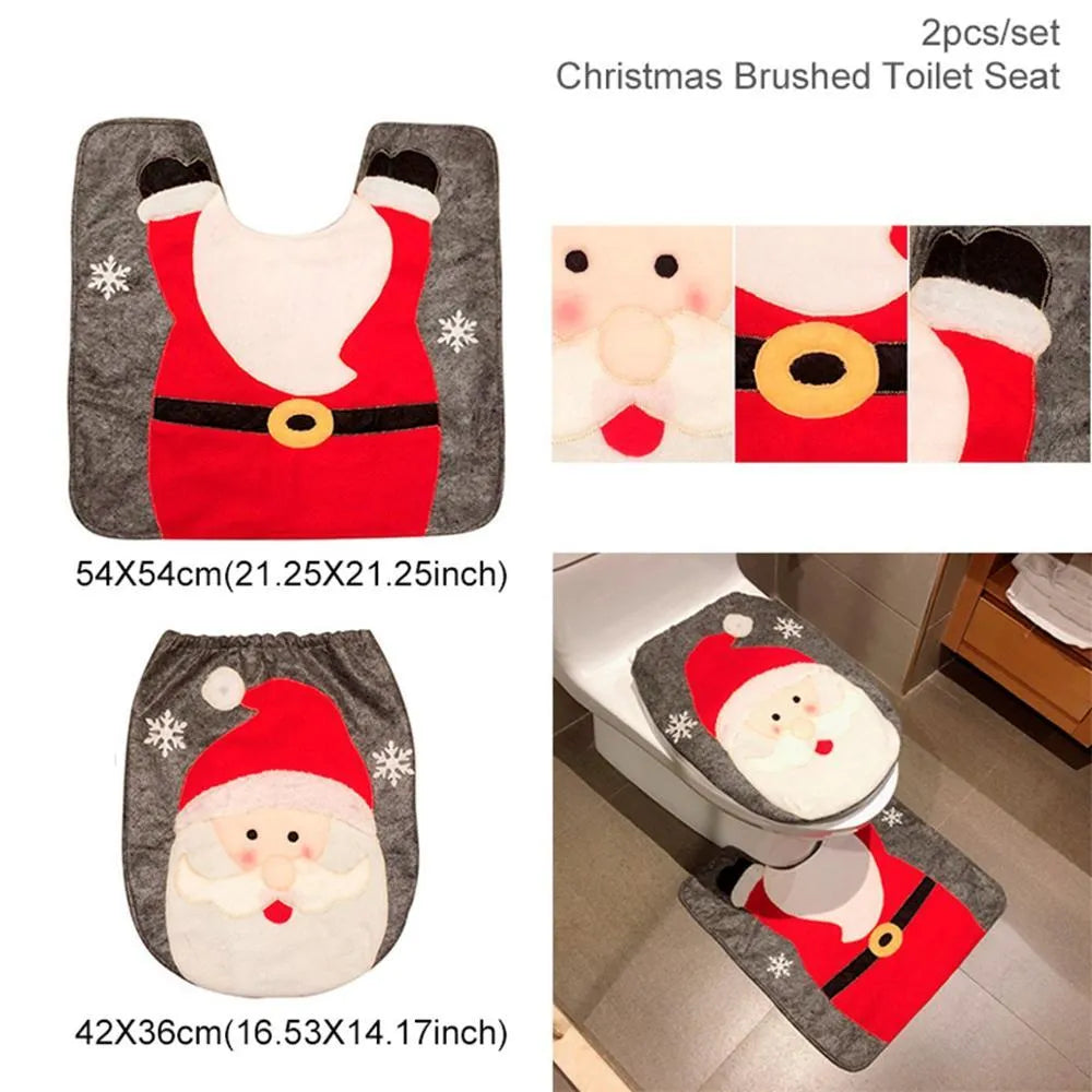 Christmas bathroom set with Santa toilet cover, shower curtain and floor mat in flannel fabric