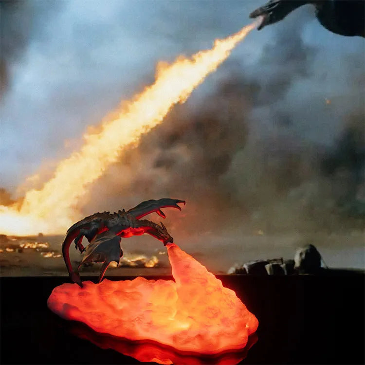 3D printed fire-breathing dragon night light with red glowing effect on a dark surface.