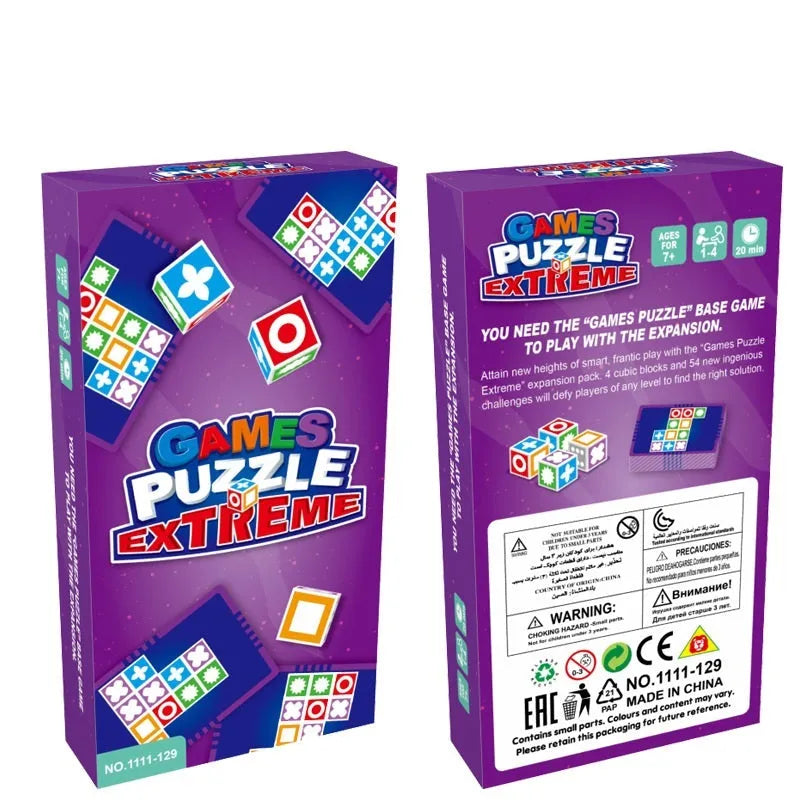 Space logical thinking board game with 20 colourful blocks, 60 pattern cards, and colour box measuring 21 x 21 x 6 cm