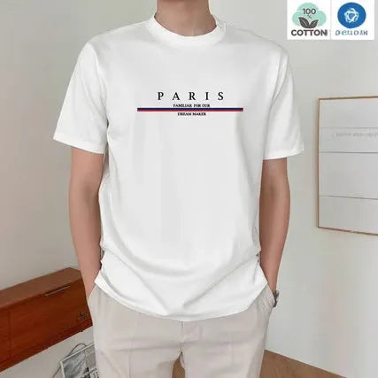 Men's loose-fit short-sleeved T-shirt with a printed letter design, shown in apricot colour.