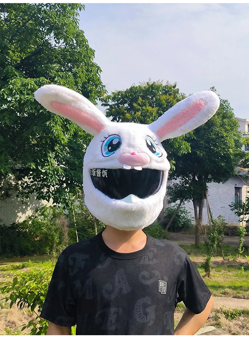 White decorative rabbit head helmet cover with long ears made from plush PP cotton for motorcycle protection