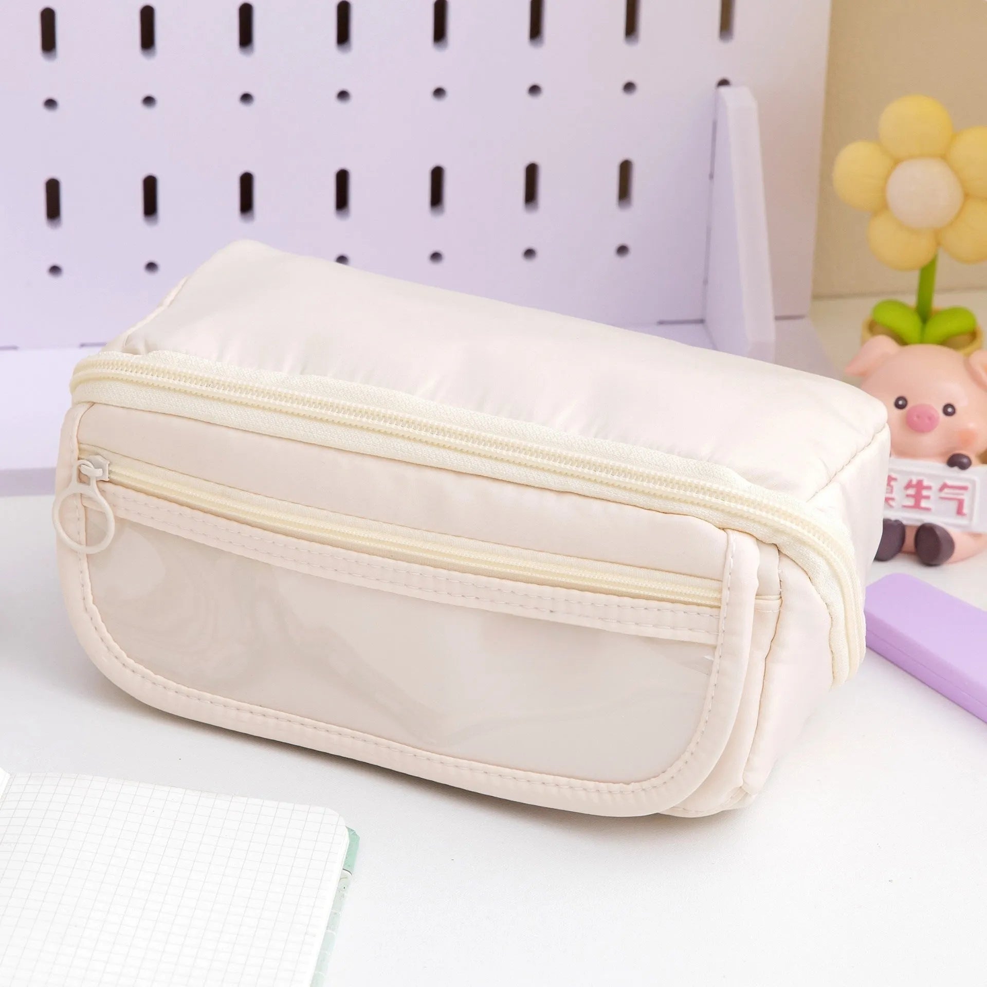 Korean style canvas pencil case with ten-layer flip design open to show multiple pen compartments.
