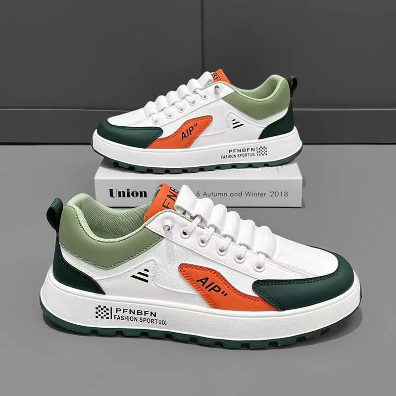 Men's casual shoes in artificial PU with round toe design, shown in white orange colour combination