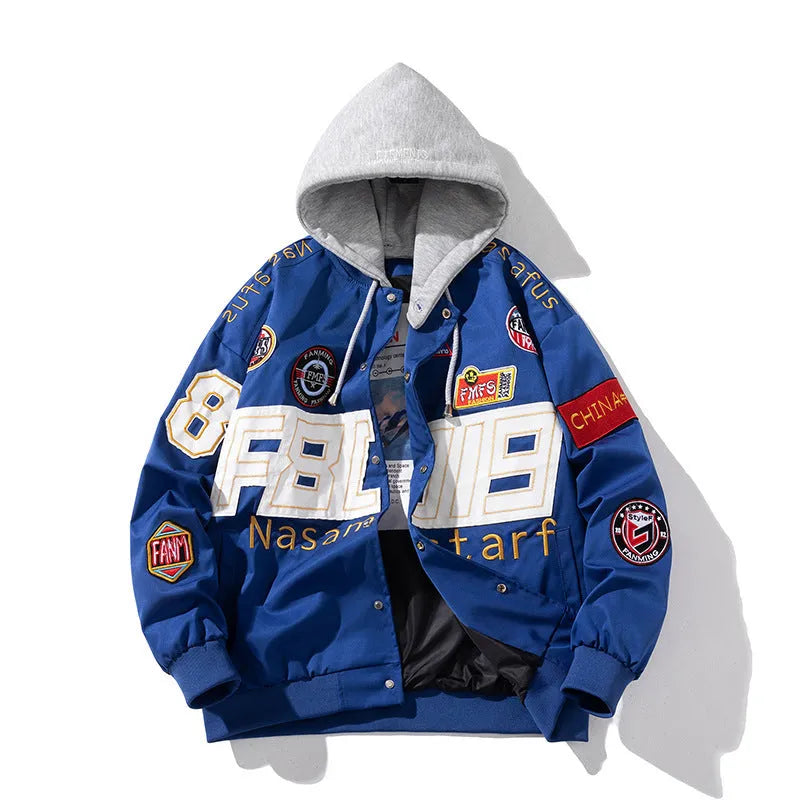 Loose-fit black motorcycle couple baseball jacket with side pockets and a removable hood.