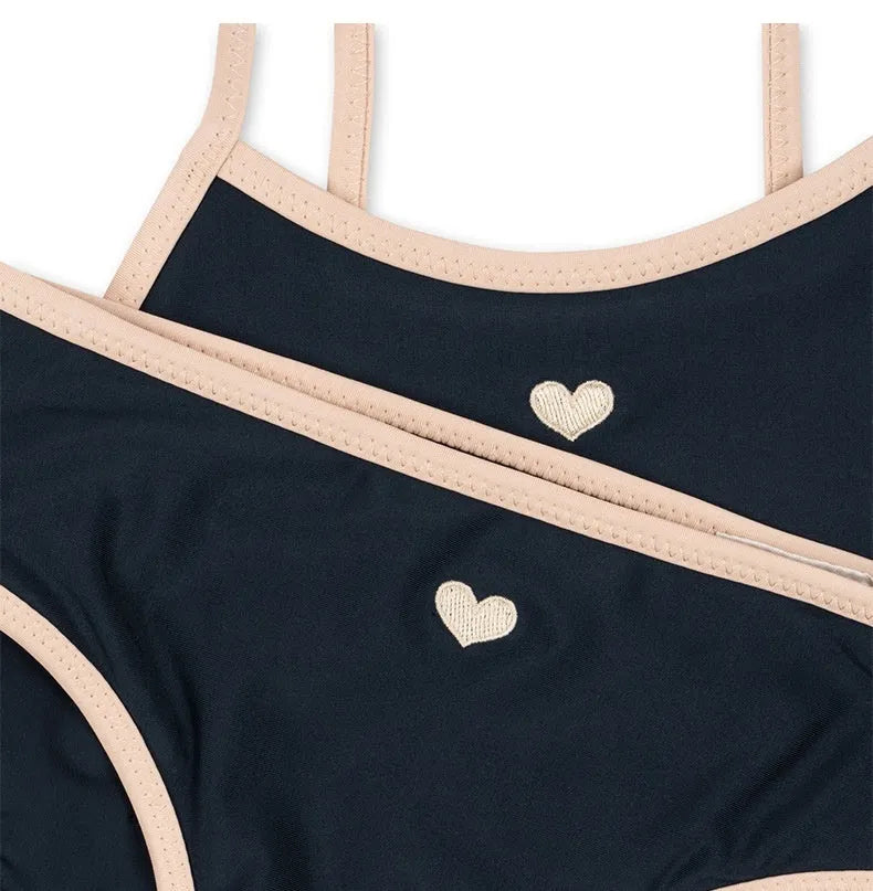 Girls' dark blue split swimsuit briefs style for ages 1-6 years with high elasticity polyester and Lycra fabric