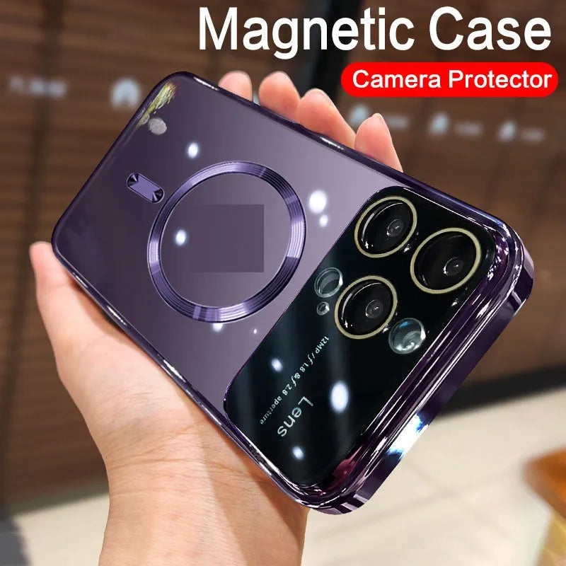 Electroplating magnetic transparent iPhone case with large window, TPU shockproof cover in dark purple