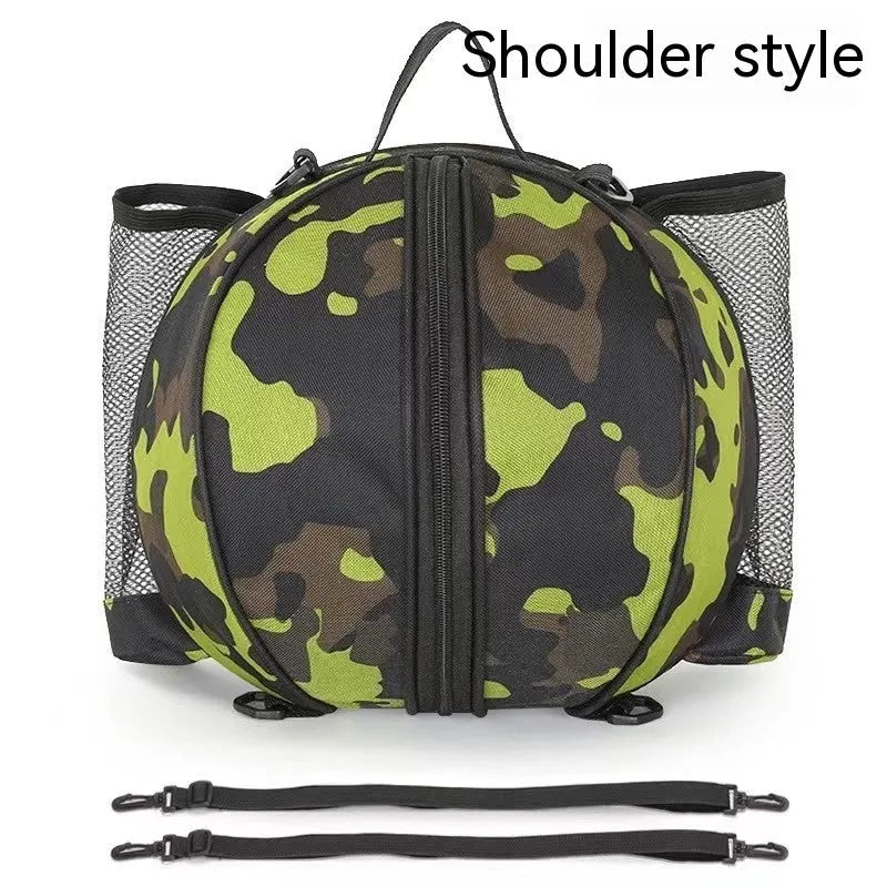 Oxford cloth basketball training bag with adjustable strap shown in a camouflage colour option.