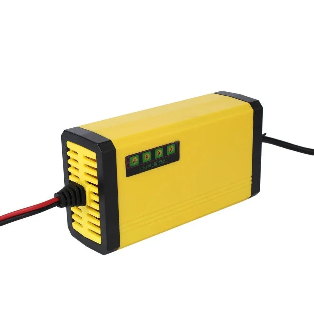 Yellow 12V 2A motorcycle battery charger with ABS body, alligator clips and EU plug