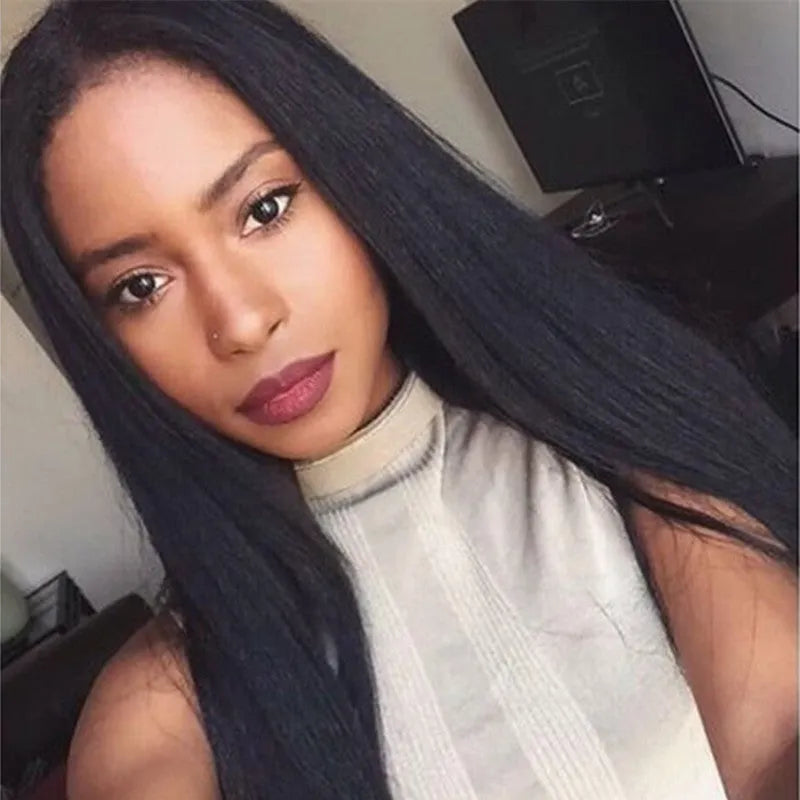 Long straight synthetic wig with centre-parted bangs in black colour for face shape modification