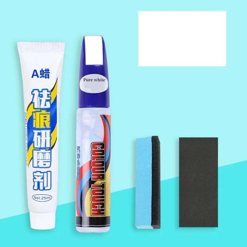 Automotive scratch repair kit showing touch-up paint pen, wax tube, sandpaper, and sponge for car paint touch-up.