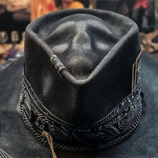 Handmade wool felt and denim conical crown skull hat for Halloween costume