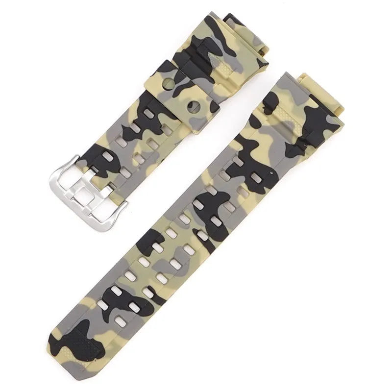 Camouflage patterned TPU watch strap with silver buckle, showing 12+7cm length.