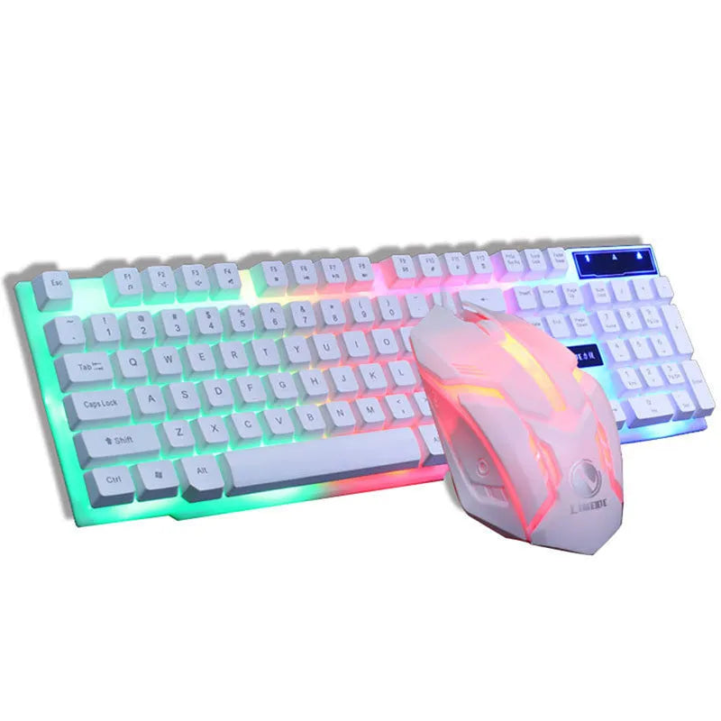 GTX300 black and white wired gaming keyboard and mouse set with glowing backlight on desk