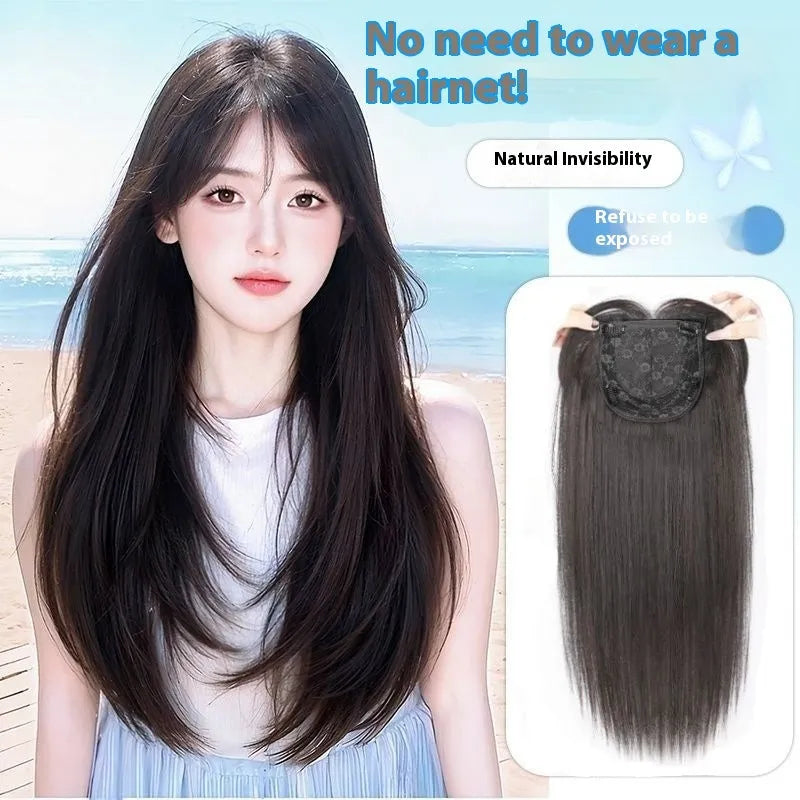 Full-head synthetic wig with integrated hair net in long straight high-layered style