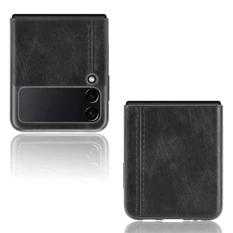 Cow pattern car thread PC leather phone case for Samsung Galaxy Z Flip 3 and Z Flip 4 in black, blue, wine red or yellow.
