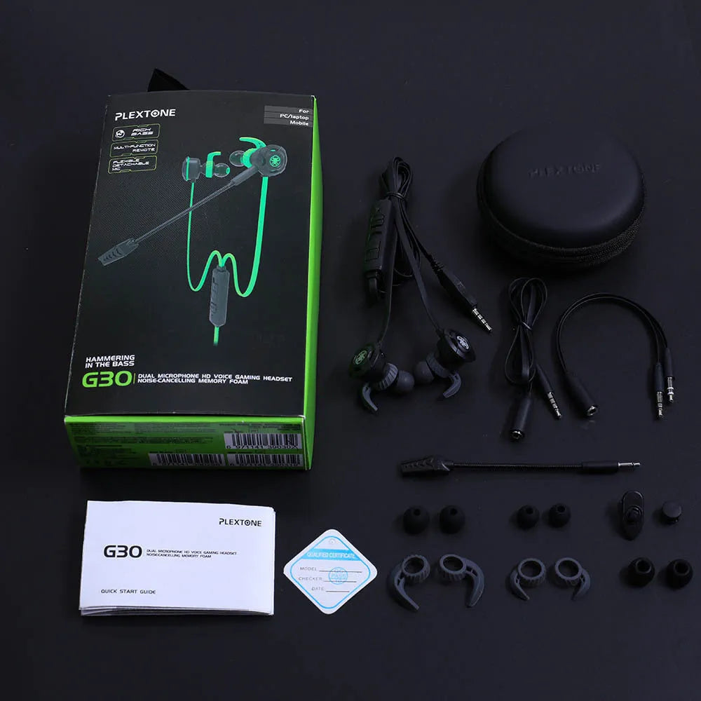 Shuangmai wired in-ear gaming headset in black, green, and red colours with a short cable.