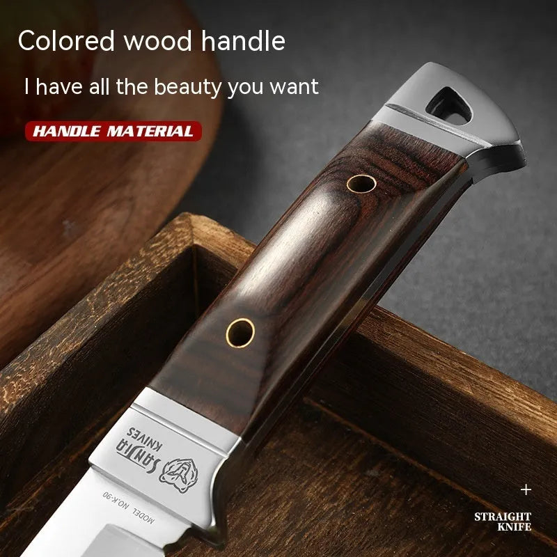 Camping portable fruit knife with stainless steel blade and leather protective case