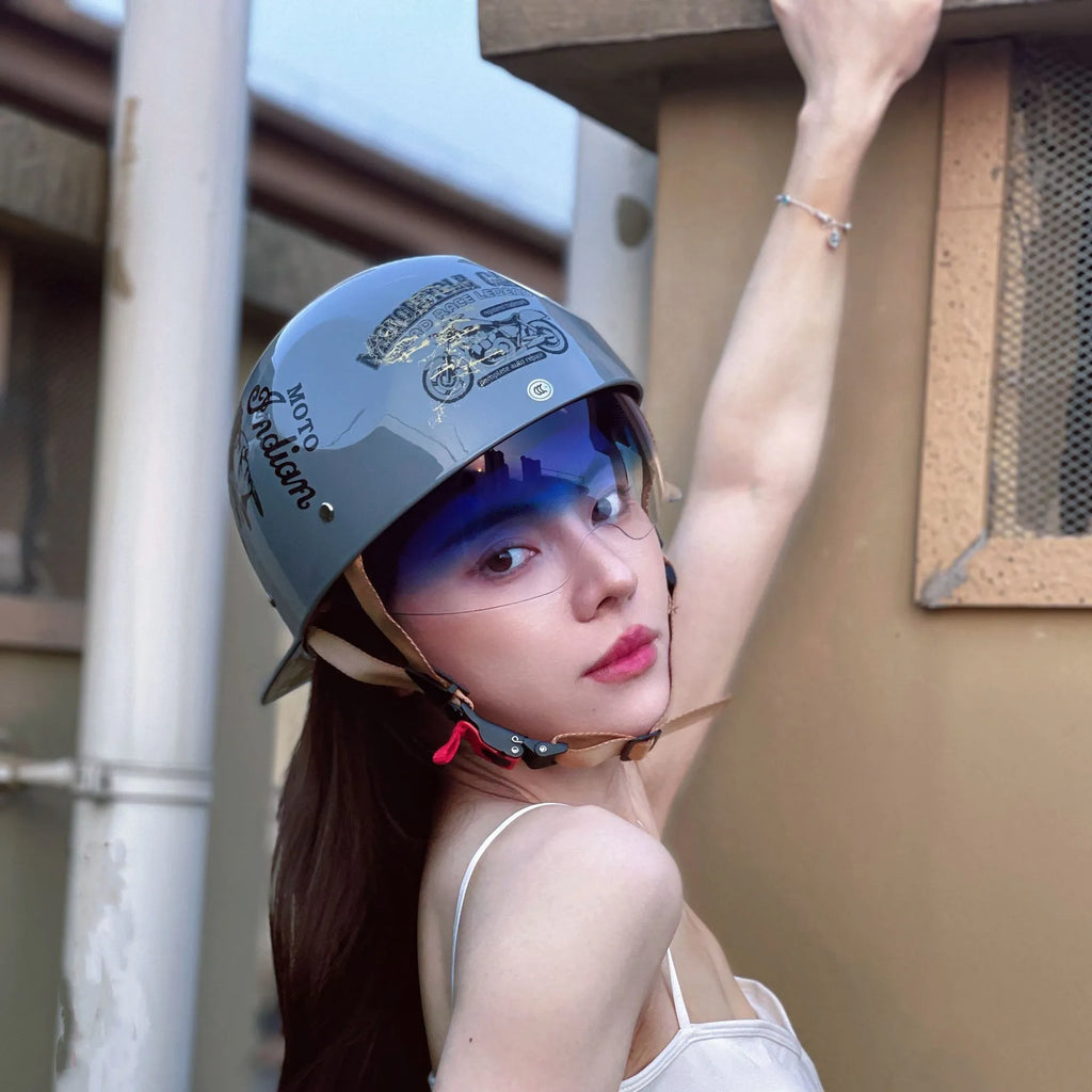 Retro half helmet for electric bicycles with bright black-gradient blue lens