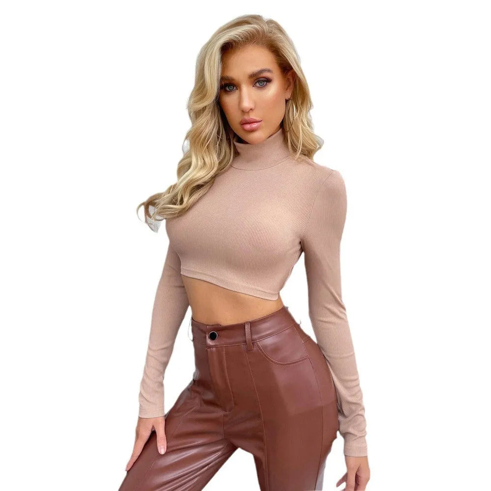 Backless slim-fit high-neck long-sleeved top in black or pink orange, polyester, sizes S-XL