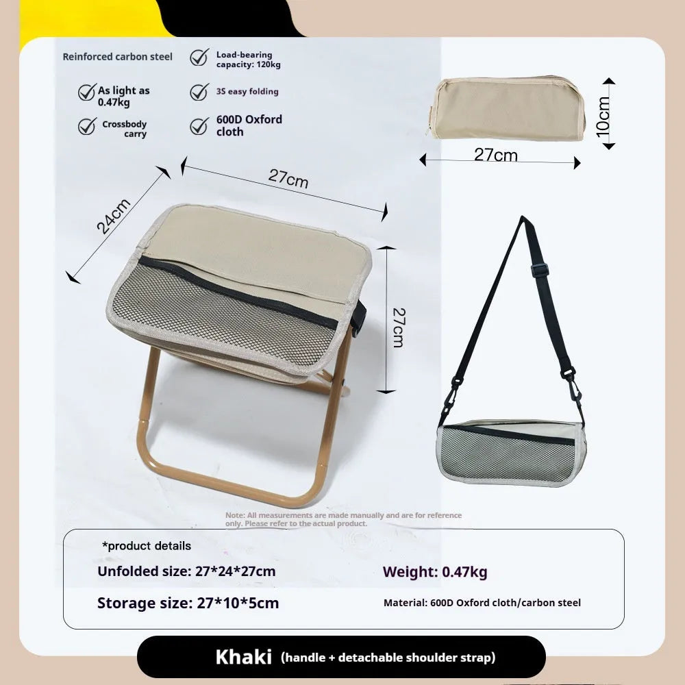 Compact foldable outdoor stool in khaki colour with oxford cloth seat, shown in folded and unfolded states.
