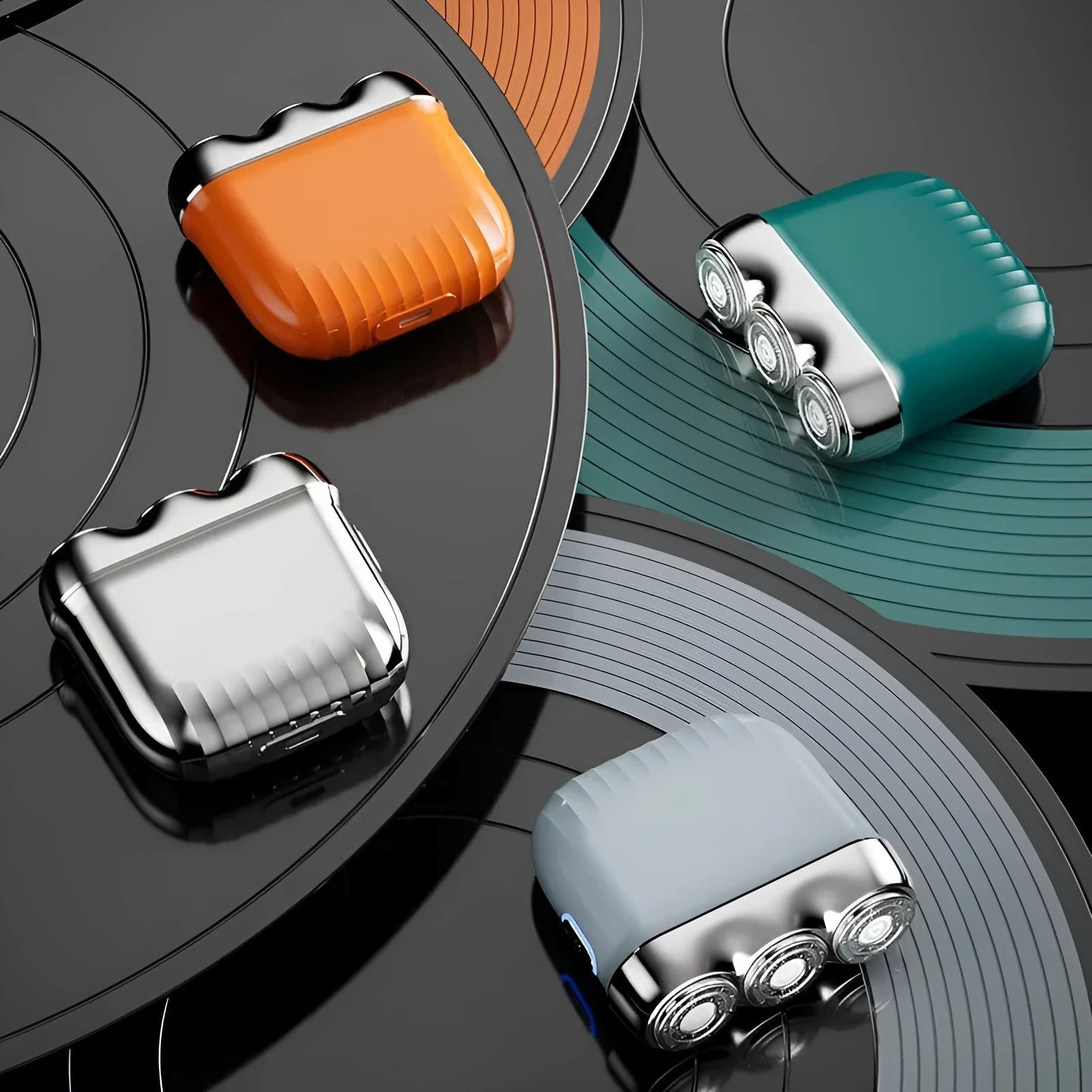 Three-head mini electric shaver in gun metal, orange, green, or blue colours