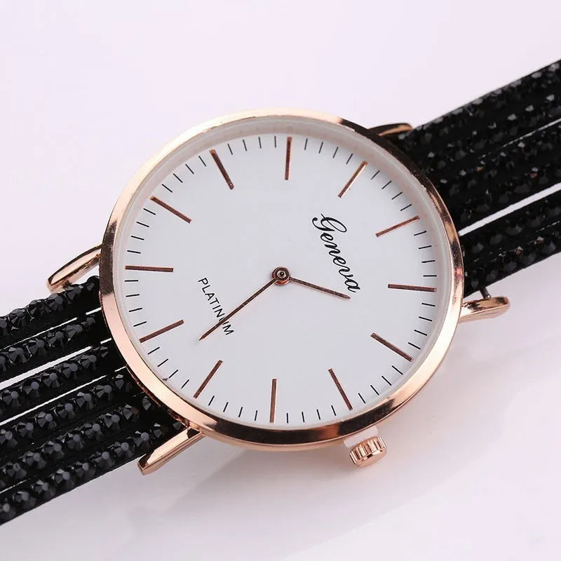 Ladies Geneva flower dial quartz watch with crystal diamond bezel and bracelet strap in black, blue, coffee, red or white