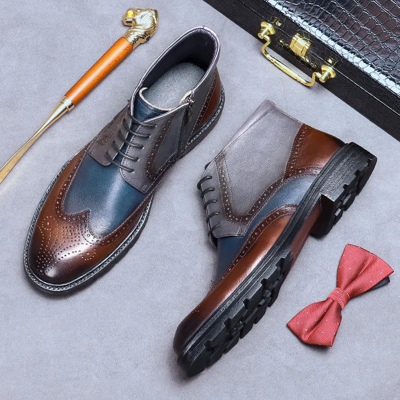 Men's coffee blue leather brogue boots with carved stitching and low square heel