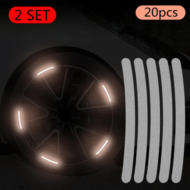 20-piece car wheel hub reflective stickers in multiple colours with arc pattern for tyre warning labels