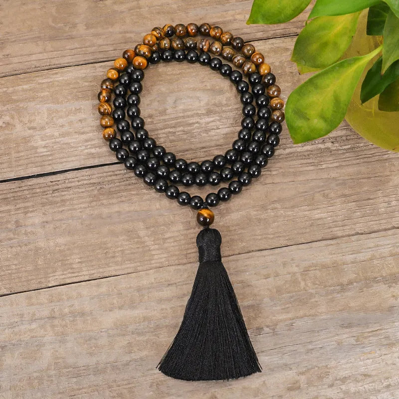 Tiger eye stone necklace with tassel pendant on ball bead chain