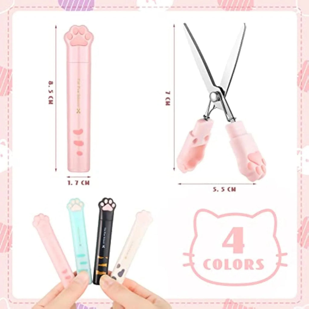 Mini folding scissors with cat paw design on handle, shown in pink, white, black, and blue colour options.