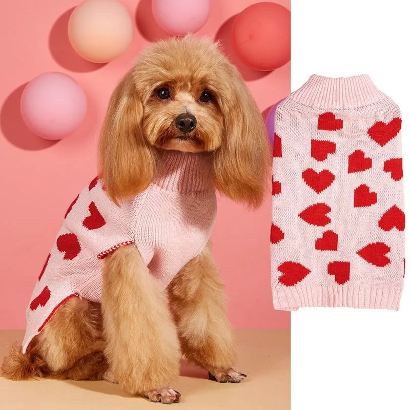 Red and pink dog sweater with love heart and bow designs in acrylic knit for small to medium dogs