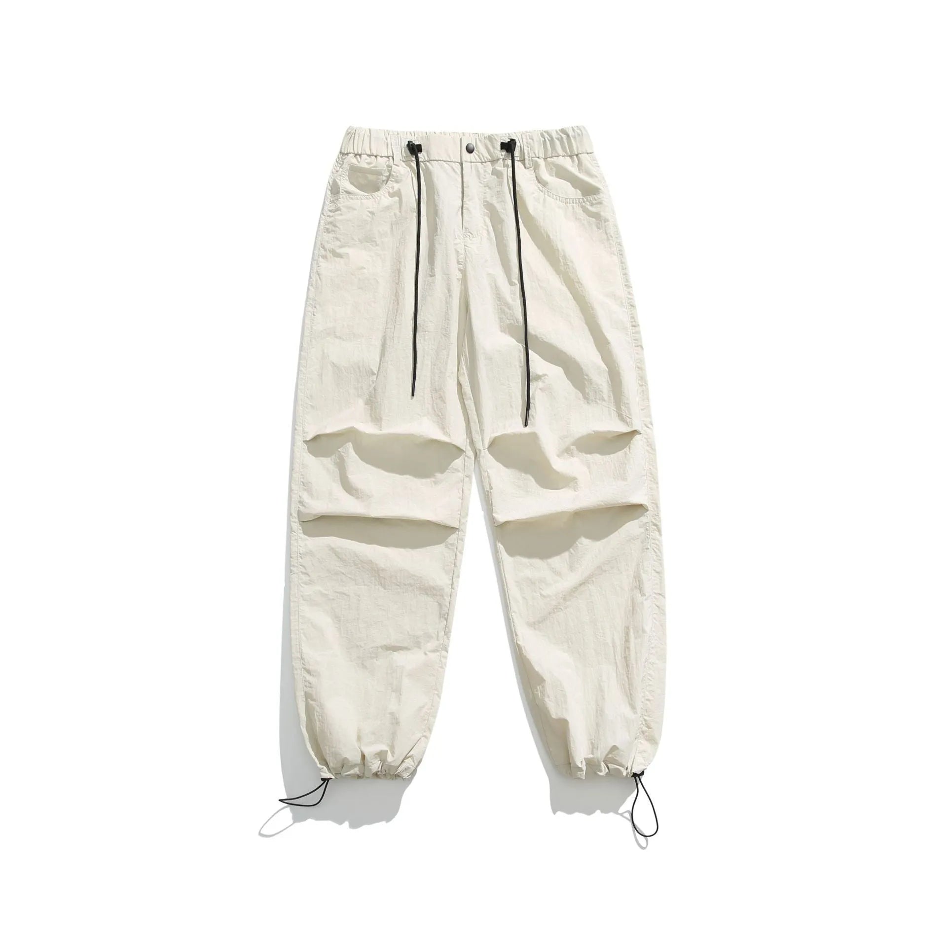 Men's straight-leg casual trousers in lightweight nylon fabric, shown in multiple colour options.