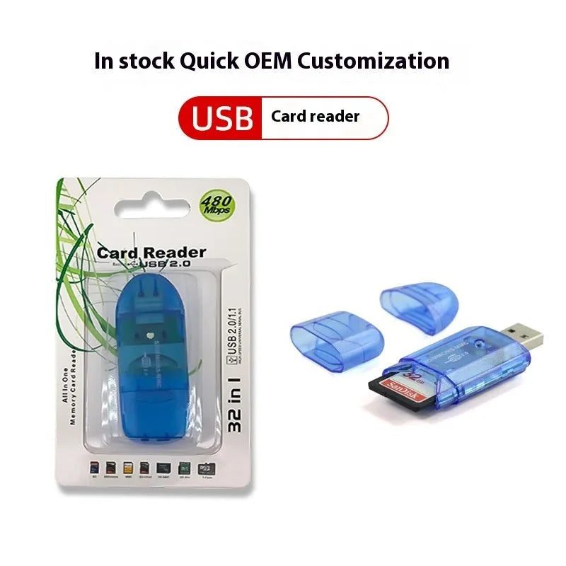 Transparent plastic USB card reader with LED illumination on a desk.