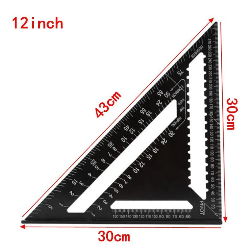 Black aluminium alloy triangle ruler square with 90 and 45 degree angles, 7 inch or 12 inch format