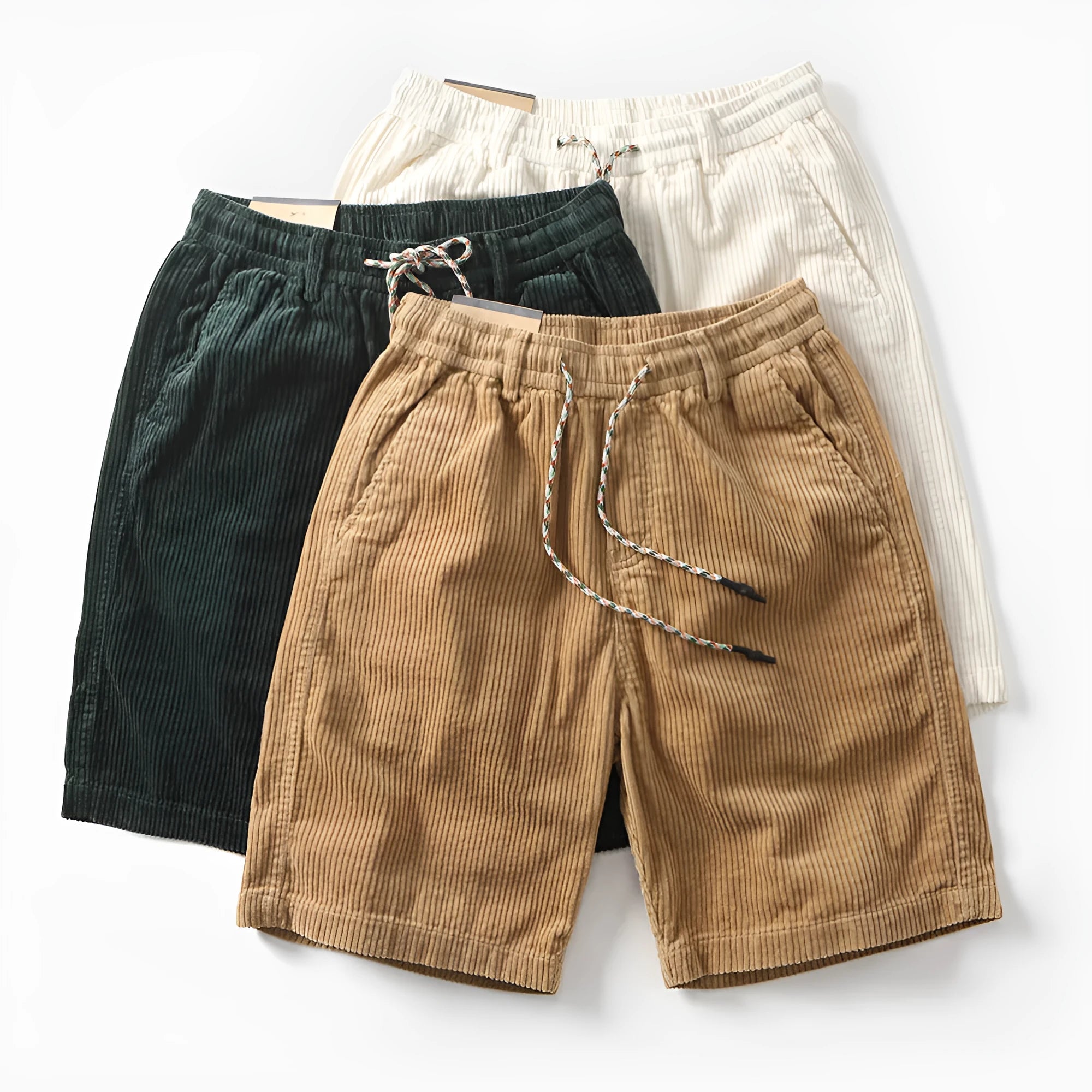 Men's khaki cargo shorts with multiple pockets and straight leg cut