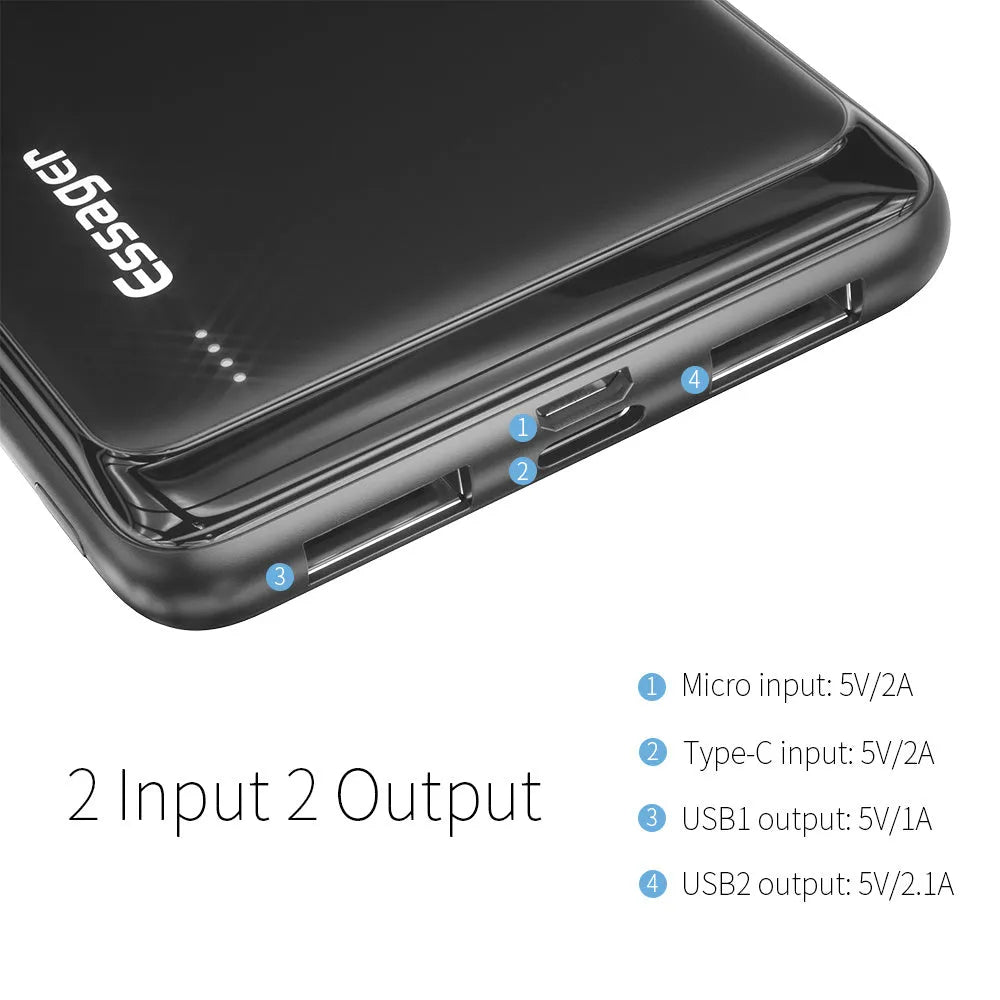 Essager Small Jane black 10000mAh portable power bank with dual USB ports and LED indicators