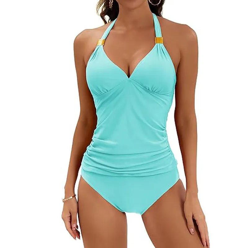 Women's halter neck split tie two piece swimsuit in milk silk fabric available in multiple colours
