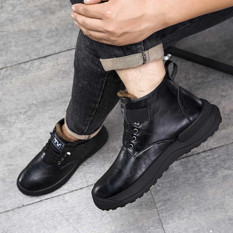 Men's black and brown velvet high-top platform boots with rubber soles on size chart