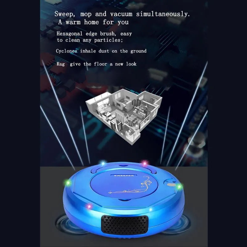 Lazy Smart robot floor sweeper vacuum cleaner in blue colour on a hard tile floor.