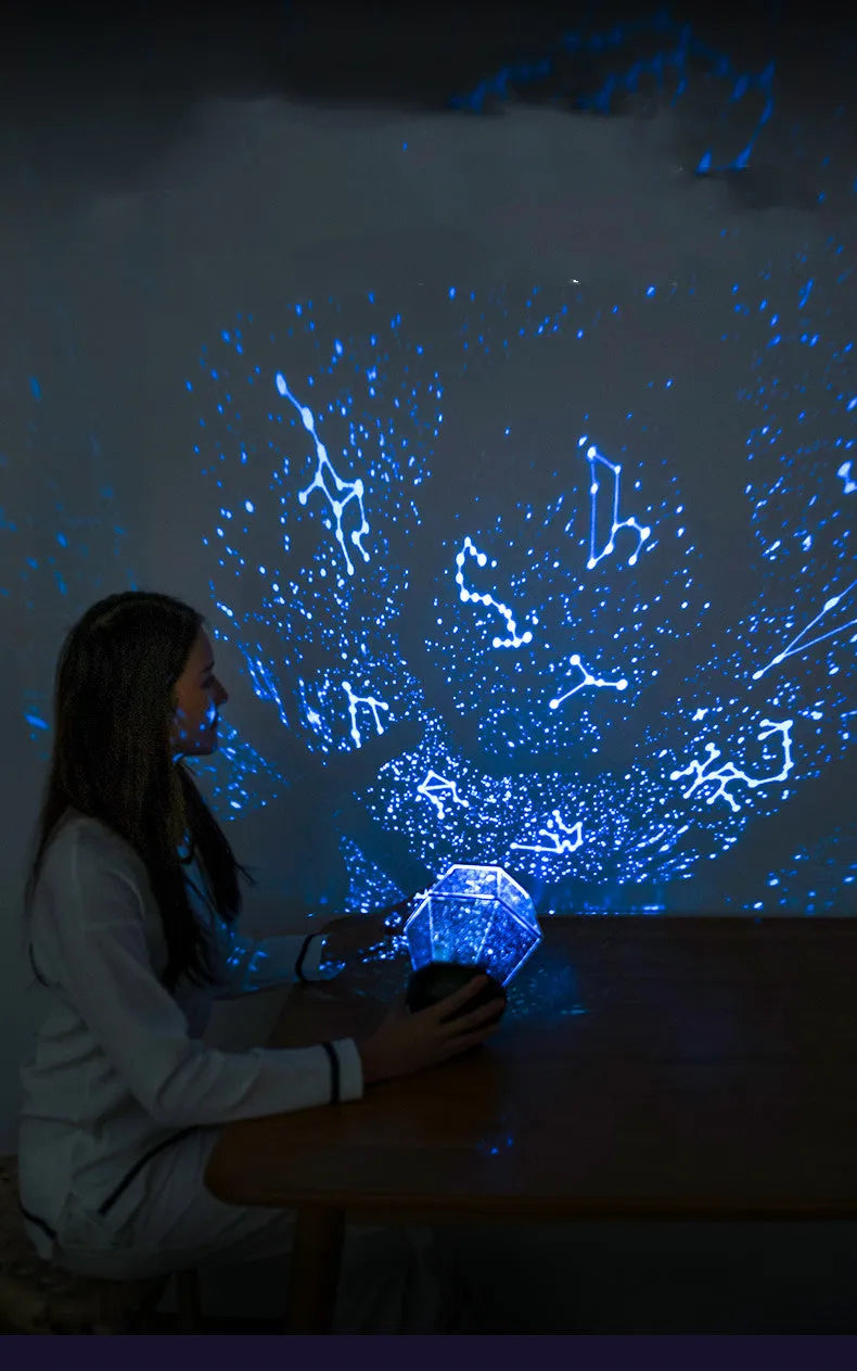 Children's rotating star projector night light projecting blue and green starlight onto a bedroom wall.