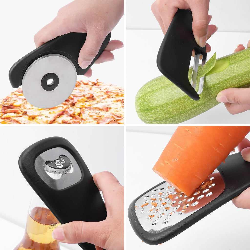 Six kitchen gadgets including wire whisk, dough scraper, potato peeler, garlic press, pizza cutter and bottle opener in colour box packaging