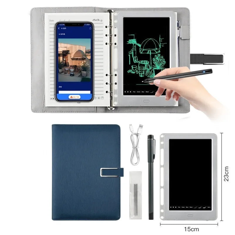85-inch electronic writing pad with stitching design in dark blue, shown with smart pen and USB cable.