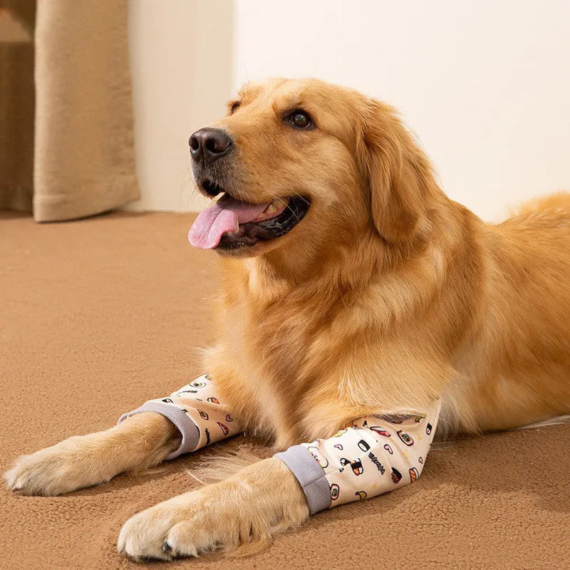 Adjustable dog knee protector wrap with thick elbow padding and matching scarf in blue, grey, or yellow