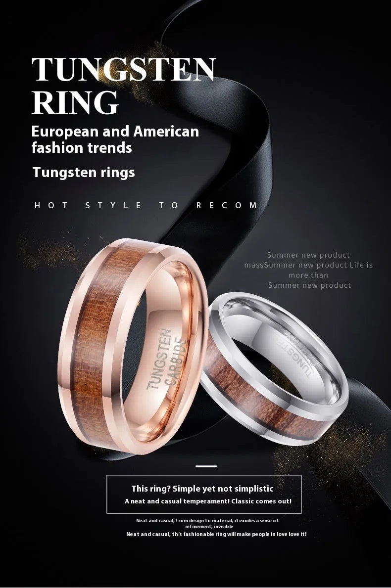 U-shaped men's ring in Ugyen with an 8mm wide band, shown in rose gold and steel colour finishes.