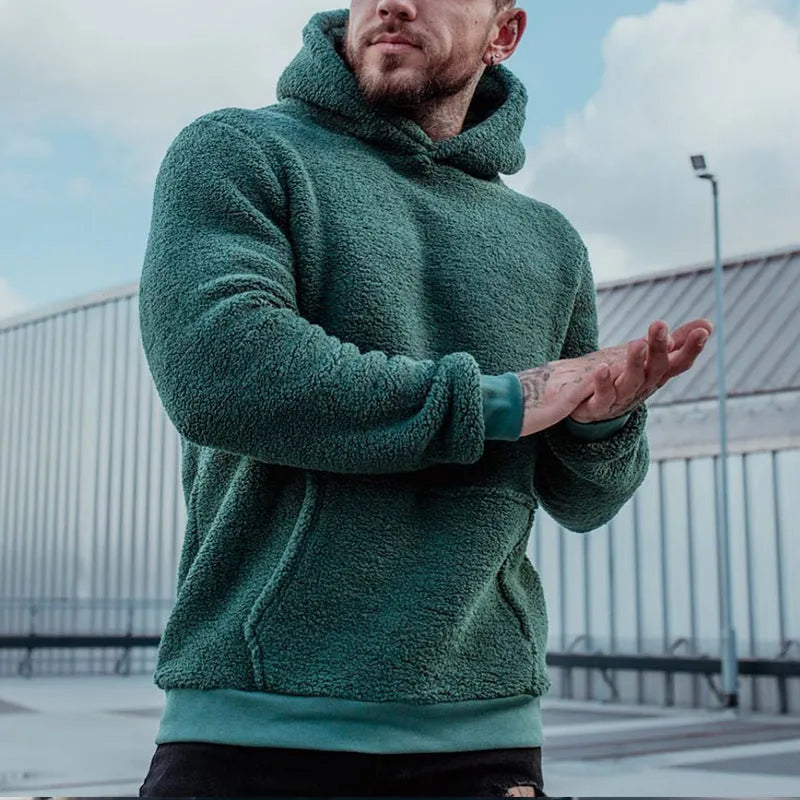 Men's plush hoodie sweatshirt with big pocket, cotton, long sleeves, available in olive green, dark green, blue, black, sizes S-XXXL.