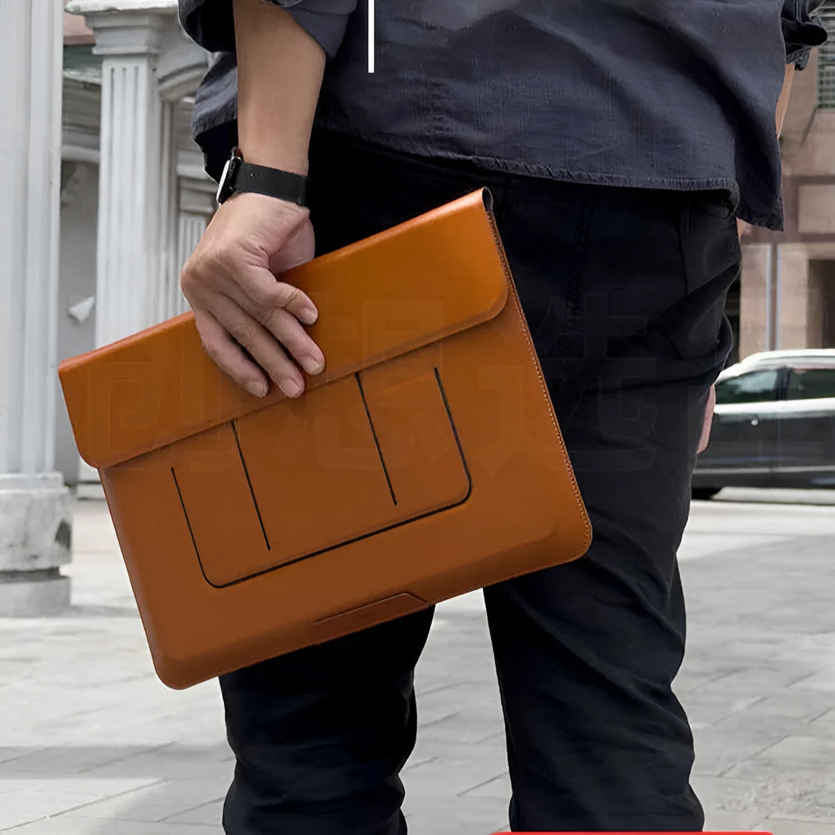Brown integrated laptop bracket bag showing dual-angle stand position for a 13.3-inch notebook.