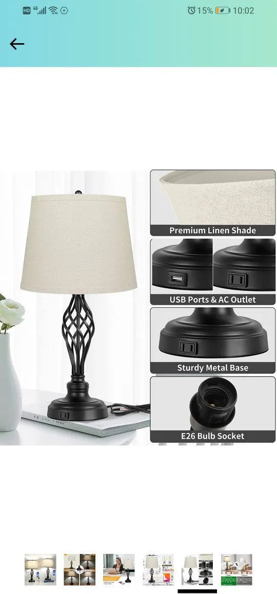 Modern alloy metal touch control bedside table lamp with USB port on a wooden surface.